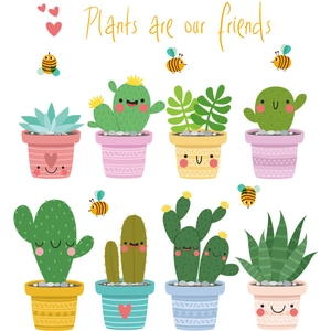 Adesivi murali piante grasse cartoon con faccine sorridenti e scritta Plants Are Our Friends
