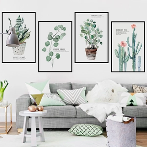 Nordisches Wandbild-Set mit grünen Pflanzen und schwarzen Rahmen für Wohnzimmerdeko