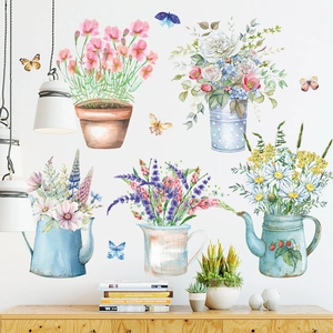 Watercolor Potted Plants Flowers Wall Stickers Waterproof PVC Self Adhesive Decal For Living Room Bedroom Home Decoration