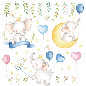 Watercolor elephant wall stickers with balloons stars and moon for nursery room decor