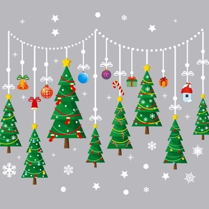 Christmas window stickers set with green trees bells and candy canes for holiday decoration