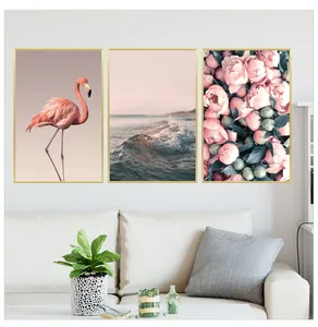 Minimalist living room wall art set featuring flamingo, sea wave, and pink floral prints