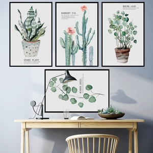 4er-Set nordische Wandbilder mit grünen Pflanzenmotiven und schwarzem schmalem Rahmen