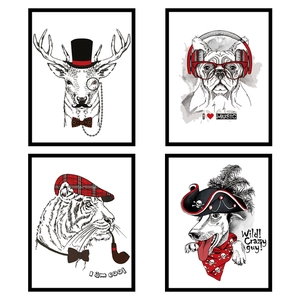 Stickers muraux animaux minimalistes avec croquis noir et blanc de cerfs et de chiens