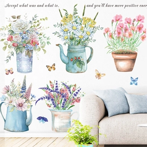 Waterproof watercolor flower wall stickers with inspirational quote and butterflies