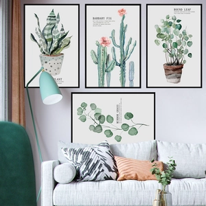 Nordisches Aquarell-Wandbild-Set mit grünen Pflanzenblättern und schwarzen Rahmen für Wohnzimmer