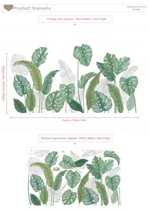 Detail view of monstera wall decals with size dimensions and layout for home decoration
