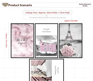 Detail showing PVC wall sticker dimensions and pink aesthetic feather Eiffel Tower patterns