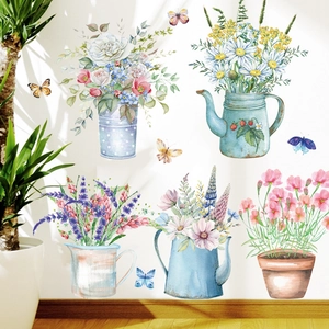 Waterproof watercolor flower pot wall stickers with butterflies for living room decor