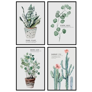 4er-Set nordische Aquarell-Pflanzenbilder mit minimalistischen schwarzen Rahmen