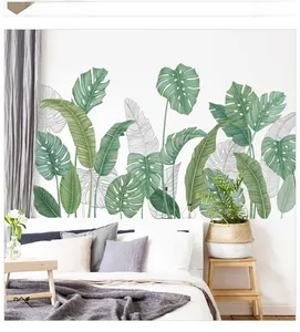 Detail of tropical monstera leaf wall stickers in minimalist Nordic style for bedroom