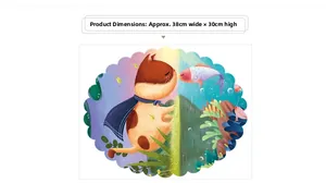 Detailed view of cat and fish wall sticker with layout dimensions 38cm x 30cm