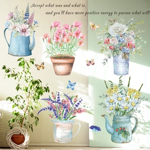 Pastel flower pot wall stickers with butterflies and garden plants for home decor