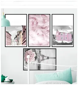 Detail of pink Nordic landscape wall art set featuring feathers and inspirational phrases