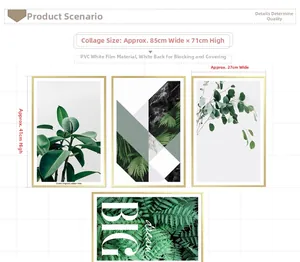 Detail of PVC tropical plant wall stickers with geometric patterns and size measurements