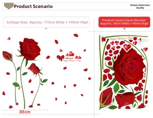 Romantic Valentine's Day red rose wall decals with heart petals and Love lettering