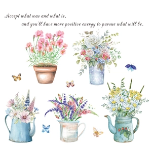 Watercolor potted flower wall stickers with colorful butterflies and botanical leaves