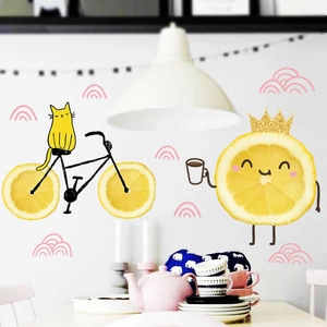 Cartoon cat riding lemon bike wall sticker for minimalist Nordic style home living room decor