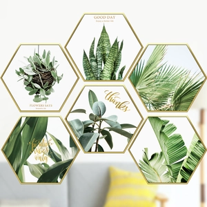 Nordic Hexagonal Tropical Plant Green Leaves Waterproof PVC Wall Stickers Home Decor Artistic Botanical Mural For Living Room