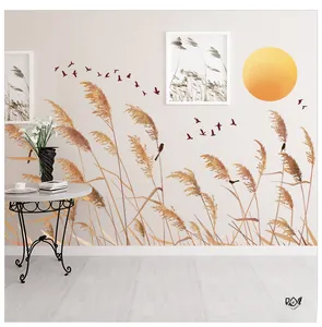 Detail of waterproof wall sticker with reeds, birds and sunset in zen style