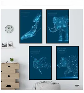 Detail of four-piece wall art set with blue geometric animal illustrations and black frames