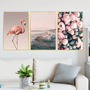 Three-piece flamingo and peony canvas wall art set with minimalist gold frames