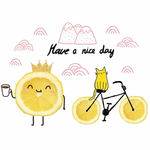 Cartoon wall stickers with sun lemon cat bicycle and Have a nice day text