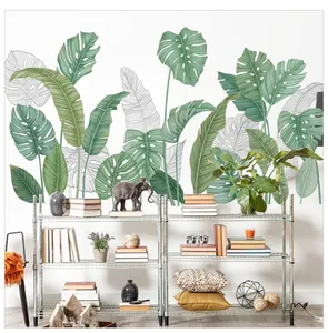 Detail of tropical monstera wall stickers set in a minimalist Nordic style interior