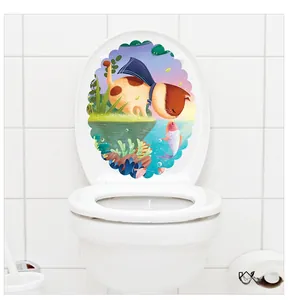 Detailed close-up of waterproof cartoon cat kissing fish sticker on a white toilet lid