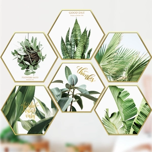 Set of 6 hexagonal tropical plant wall stickers with gold frames for home decoration