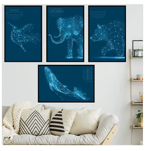 Detail view of four-piece blue constellation animal wall art featuring whale and polar bear