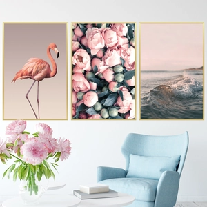 Three-piece Nordic flamingo and peony wall art set with elegant golden metal frames
