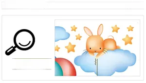 Détail d'un sticker mural lapin dessin animé sur nuages bleus et étoiles jaunes