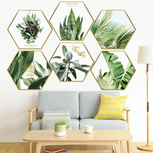 Set of 6 hexagonal tropical leaf wall art stickers with gold frames and quotes