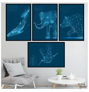 Detail of four-piece dreamlike geometric animal wall art set with blue whale and polar bear