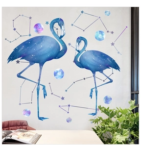 Starry flamingo wall decals featuring deep blue galaxy patterns and celestial constellations