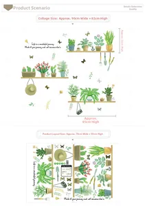 Detail of PVC wall stickers showing potted plants layout and finished size dimensions