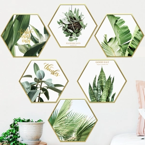 Set of 6 hexagonal Nordic botanical wall stickers featuring tropical green leaves and gold frames