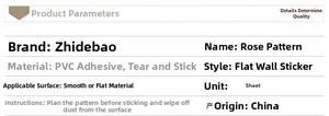 Detailed chart showing PVC adhesive wall sticker specifications and material surface guide