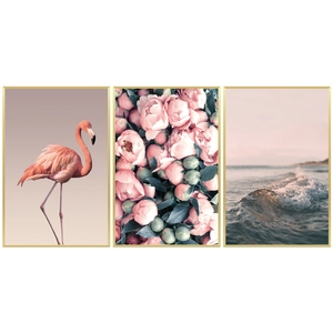 Three-piece Nordic flamingo and floral wall art set with slim gold frames in a modern style