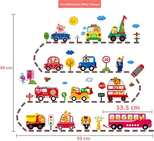 Kids traffic wall decal layout showing dimensions 93x80cm with animals driving cars
