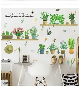 Detail of hand-painted potted plant wall stickers with floral motifs and creative lettering
