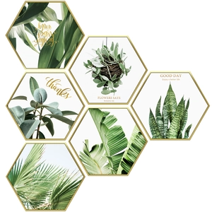 Hexagonal green plant wall art set with golden frames for modern Nordic home decor