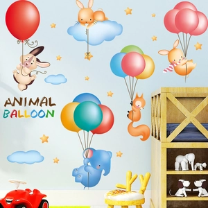 Stickers muraux animaux en montgolfière avec éléphants et lapins pour chambre enfant