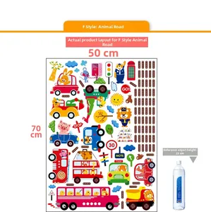 Detailed 50x70cm wall sticker sheet featuring cartoon animals and traffic transport vehicles