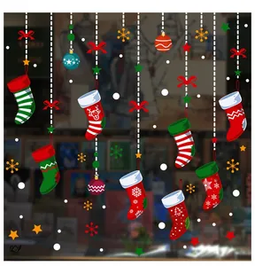 Vertical hanging Christmas window stickers with colorful reindeer socks and snowflakes