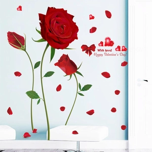 Red Rose Valentine's Day Heart PVC Wall Sticker Romantic Removable Self Adhesive Floral Decal For Bedroom Living Room Home Decor