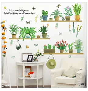 Detail of removable green potted plant wall stickers with shelving and butterfly motifs