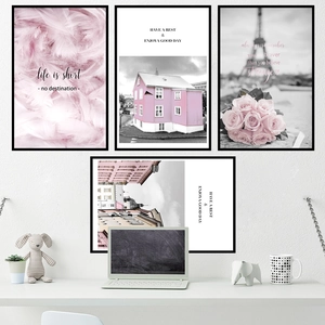 Pink Nordic wall art set featuring Eiffel Tower and floral prints for bedroom decor