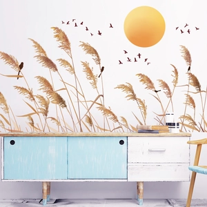 New Chinese style wall sticker featuring golden reeds, flying birds and sunset scenery
